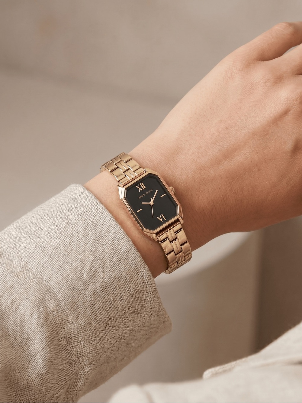 Anne Klein Gold and Black Rectangular Bracelet Watch